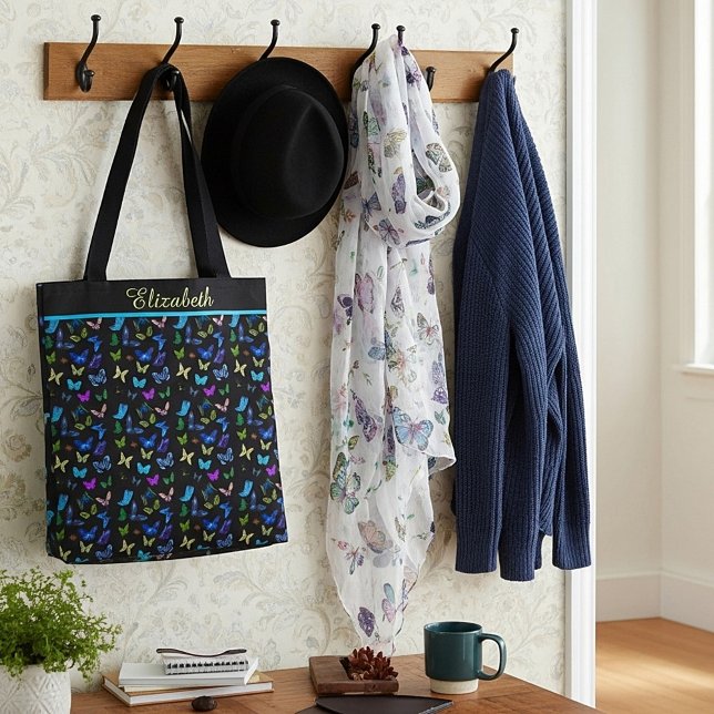 Personalized Blue butterflies on black Tote Bag (Creator Uploaded)