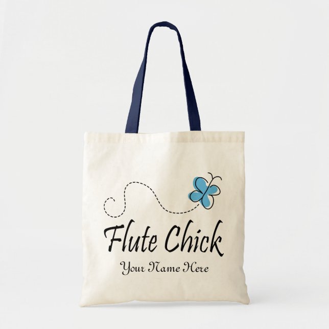 Personalized Blue Butterfly Flute Chick Music Gift Tote Bag (Front)