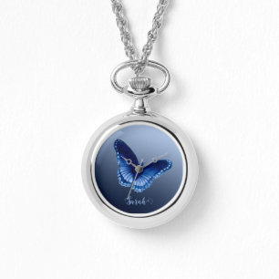 Personalized Blue Butterfly Necklace Watch