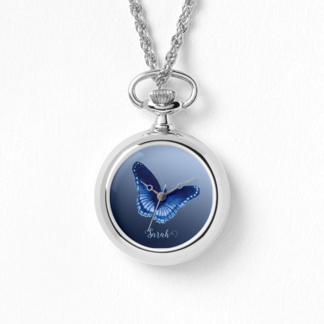 Personalized Blue Butterfly Necklace Watch (Front)