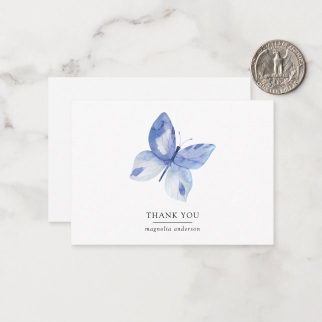 Personalized Blue Butterfly Thank You Note Card (Front/Back In Situ)