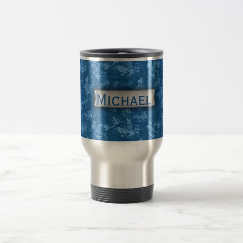 Personalized Blue Camo Pattern Travel Mug