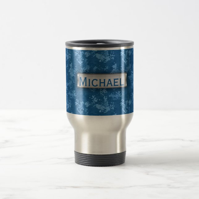 Personalized Blue Camo Pattern Travel Mug (Center)