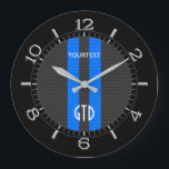 Personalized Blue Carbon Style Racing Stripes on a Large Clock<br><div class="desc">A vibrant blue stripes accent on black carbon fiber style decor. The carbon fiber print look suits automotive, modern, and industrial tastes and the vibrant vertical lines make for a dynamic personalized clock face. Personalize this clock face with your text and your monogram. Use the "Contact this Designer" link to...</div>