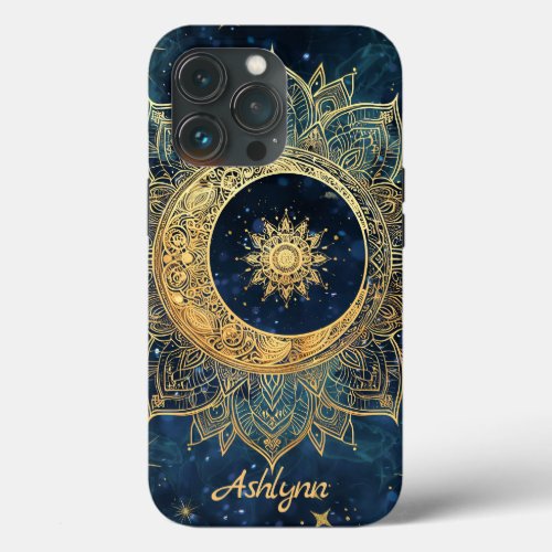 Personalized Blue Celestial Gold Sun Moon Mandala  iPhone 13 Pro Case