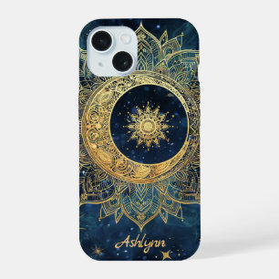 Personalized Blue Celestial Gold Sun Moon Mandala iPhone 15 Case
