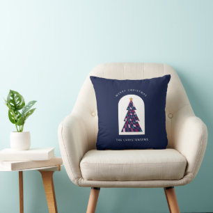 Personalized Blue Checkered Christmas Tree  Throw Pillow