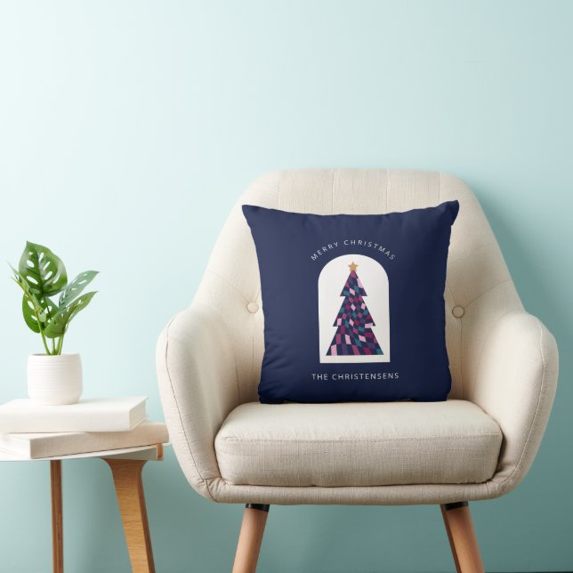 Personalized Blue Checkered Christmas Tree  Throw Pillow (Chair)