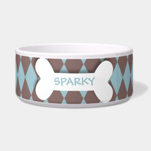 Personalized blue checkered dog bone pet food bowl