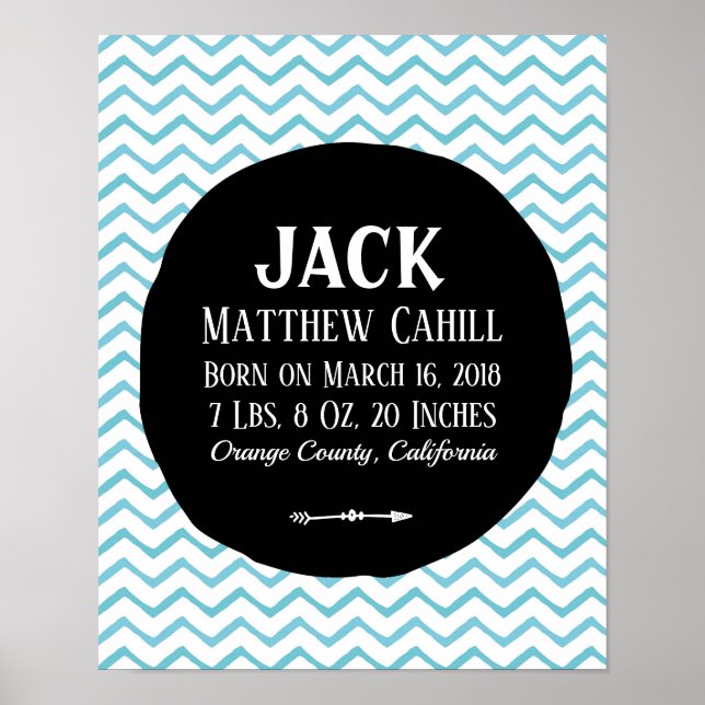 Personalized blue chevron birth poster print (Front)