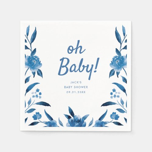 Personalized blue Chinoiserie floral baby shower Napkins