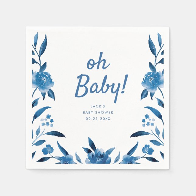 Personalized blue Chinoiserie floral baby shower Napkins (Front)