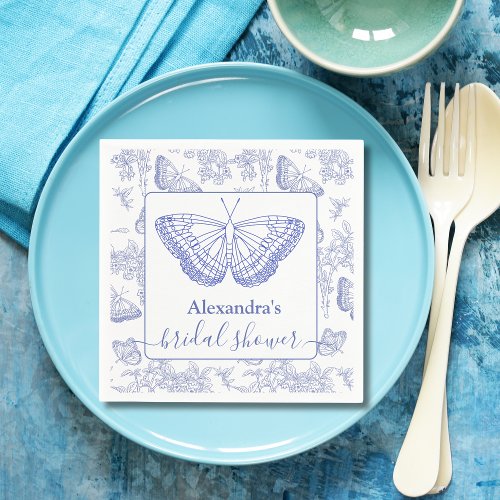 Personalized Blue Chinoiserie Floral Bridal Shower Napkins