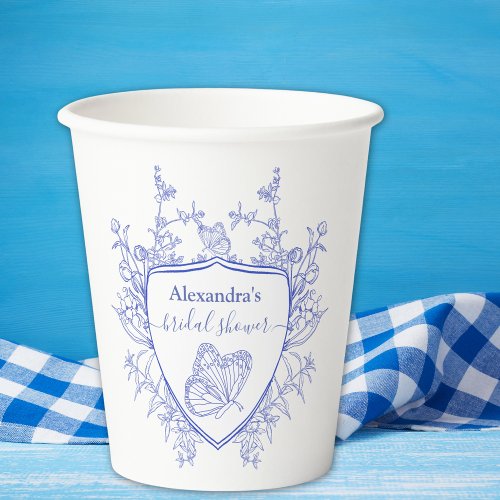 Personalized Blue Chinoiserie Floral Bridal Shower Paper Cups