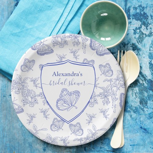 Personalized Blue Chinoiserie Floral Bridal Shower Paper Plates
