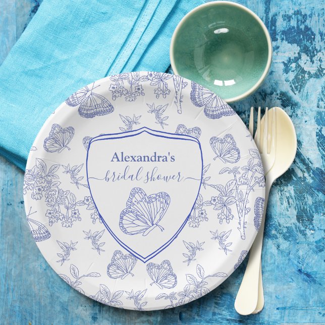 Personalized Blue Chinoiserie Floral Bridal Shower Paper Plates (Creator Uploaded)