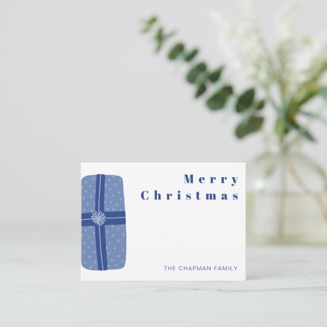 Personalized Blue Christmas Gift Present Note Card (Standing Front)