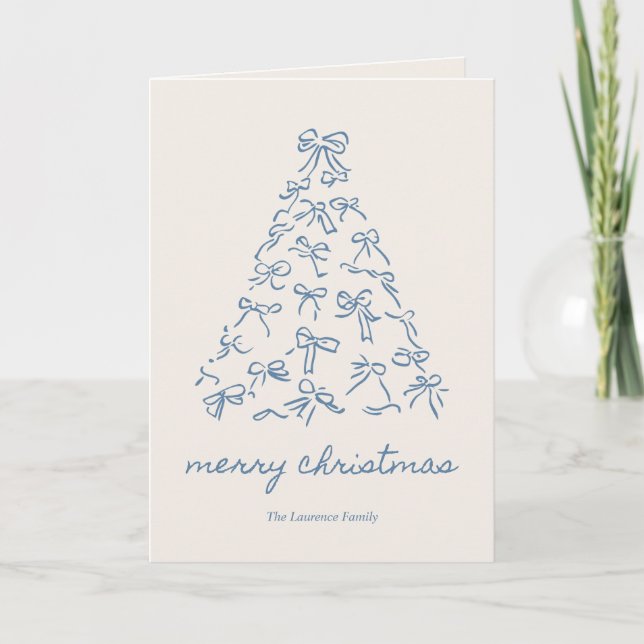 Personalized Blue Christmas Tree Doodle Bow Folded Holiday Card (Front)