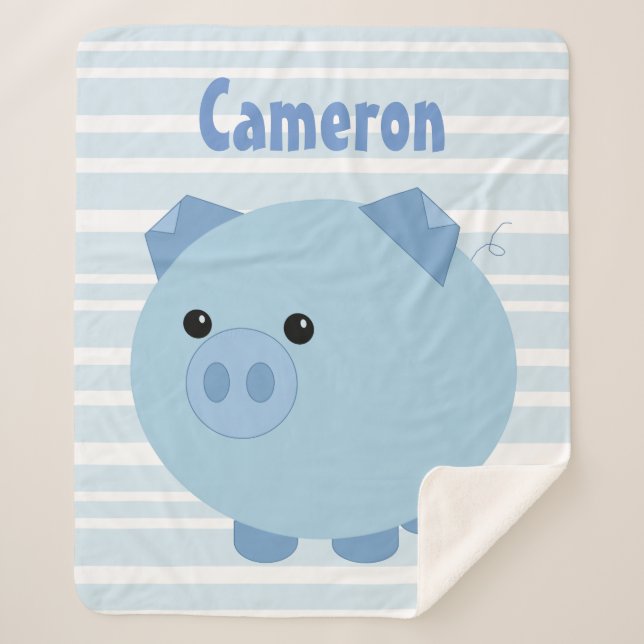 Personalized Blue Chubby Pig Sherpa Blanket (Front)