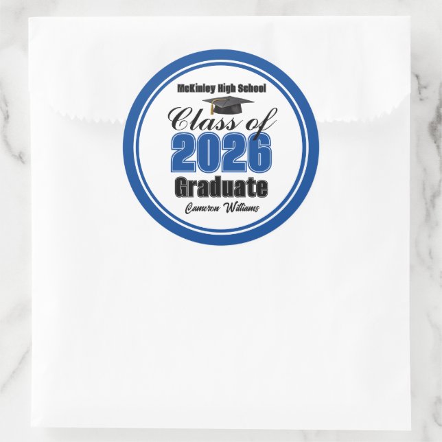 Personalized Blue Class of 2026 Graduation Party Classic Round Sticker (Bag)