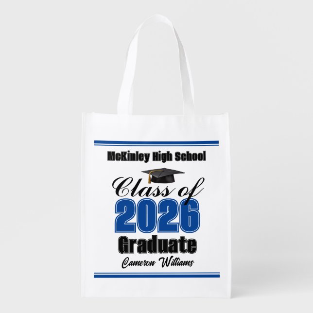 Personalized Blue Class of 2026 Graduation Party Grocery Bag (Front)