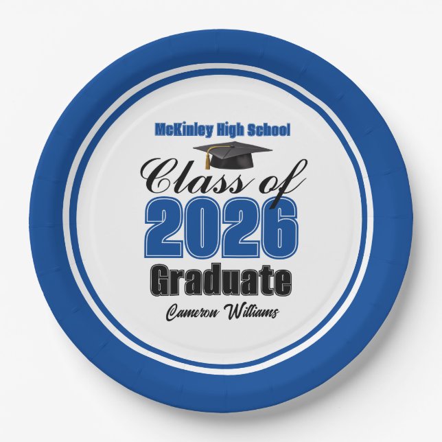 Personalized Blue Class of 2026 Graduation Party Paper Plates (Front)