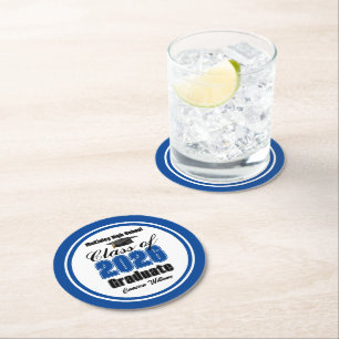 Personalized Blue Class of 2026 Graduation Party Round Paper Coaster