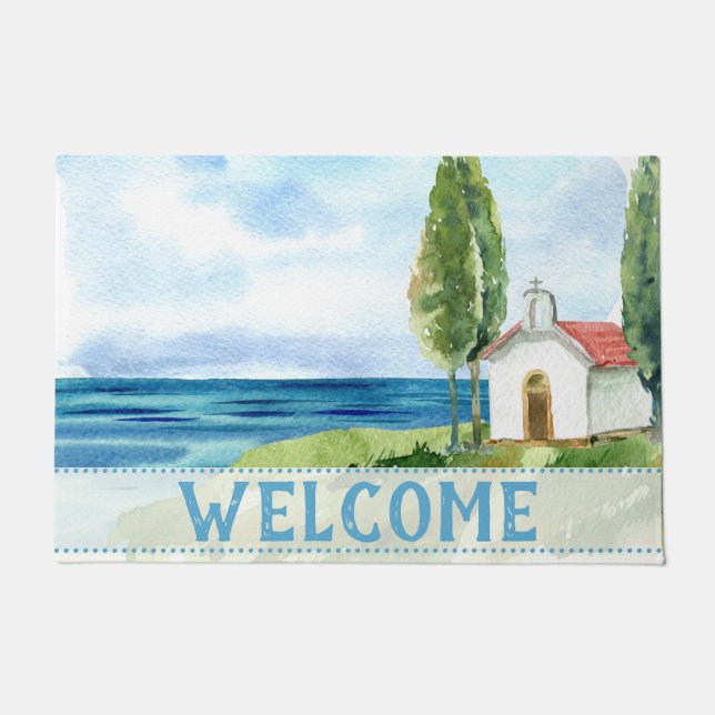 Personalized Blue Coastal Ocean Beach Church Doormat (Front)