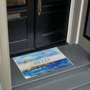 Personalized Blue Coastal Ocean Beach Rock Doormat