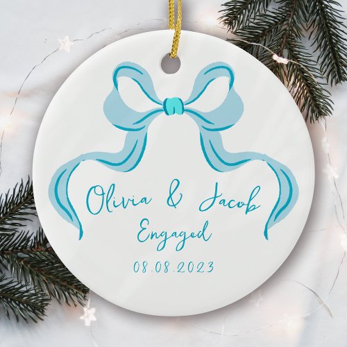 Personalized Blue Coquette Bow Engaged Ceramic Ornament