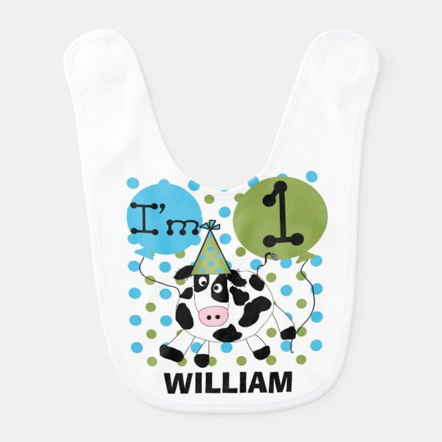 Personalized Blue Cow 1st Birthday Bib (Front)