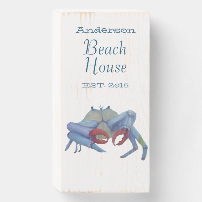 Personalized Blue Crab Beach House Est. Year Wooden Box Sign (Front Vertical)