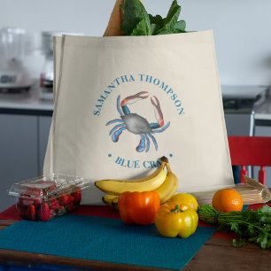 Personalized Blue Crab Coastal Seafood Market Tote Bag