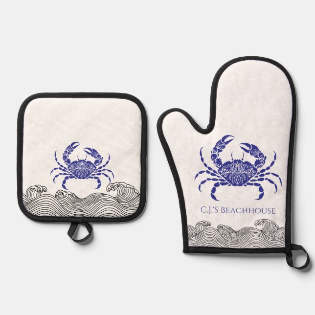 Personalized Blue Crab Oven Mitt & Pot Holder Set (Front)