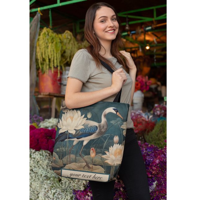 Personalized Blue Crane Misty Lake Botanical Tote  Bag (Creator Uploaded)