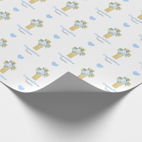 Personalized Blue Cross Boy Baptism Communion Wrapping Paper