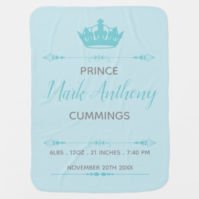 Personalized Blue Crown Prince Baby Blanket (Front)