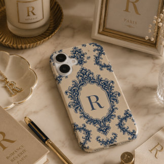 Personalized Blue Damask Monogram iPhone 16 Case