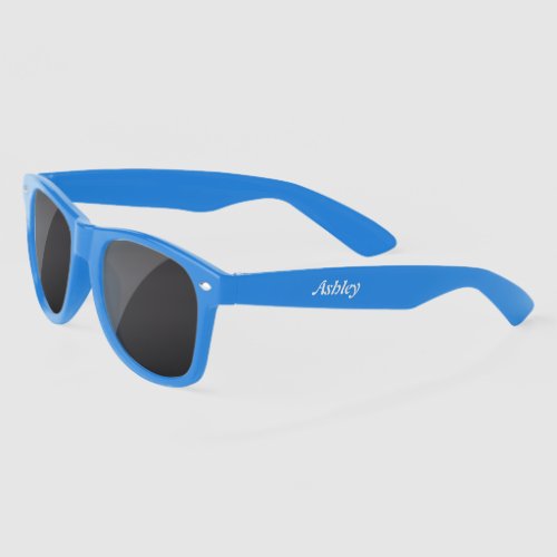 Personalized blue dark lense sunglasses