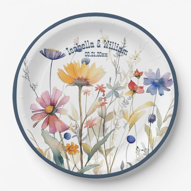 Personalized Blue Denim Fall Wildflowers Wedding Paper Plates (Front)