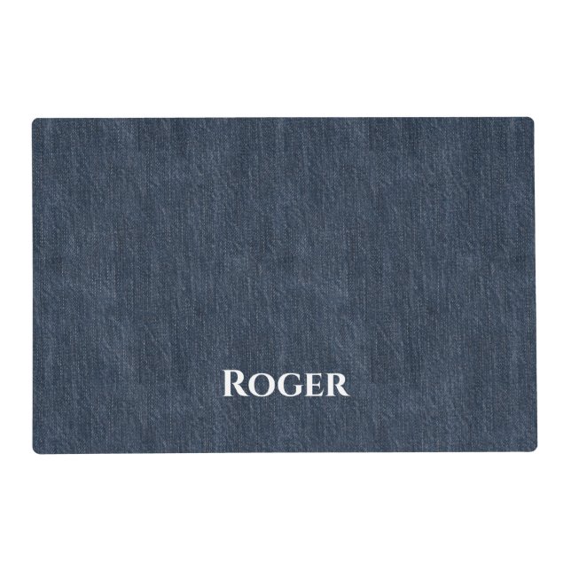 Personalized Blue Denim Look Dog Food Mat (Front)