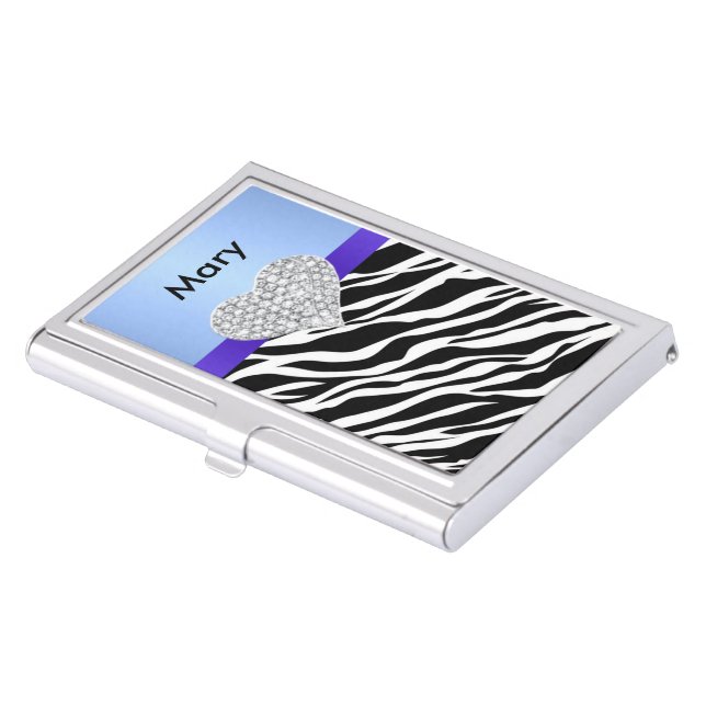 Personalized Blue Diamond Heart Zebra Card Holder (Front)