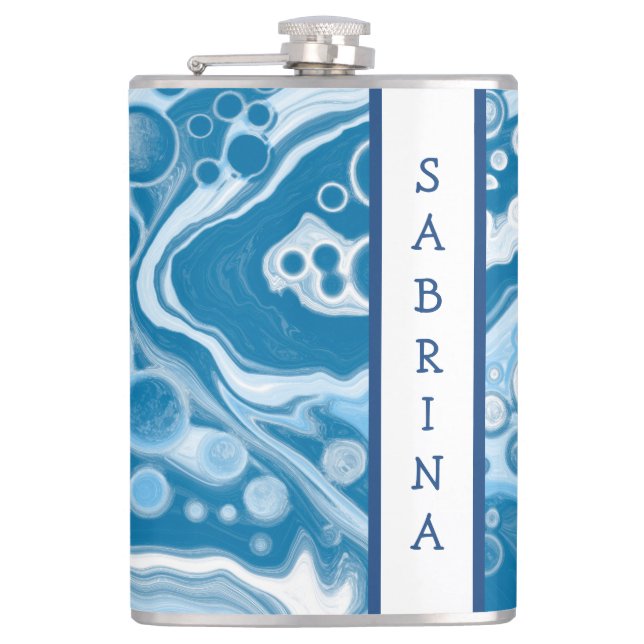 Personalized Blue Digital Fluid Art Marble   Flask (Front)