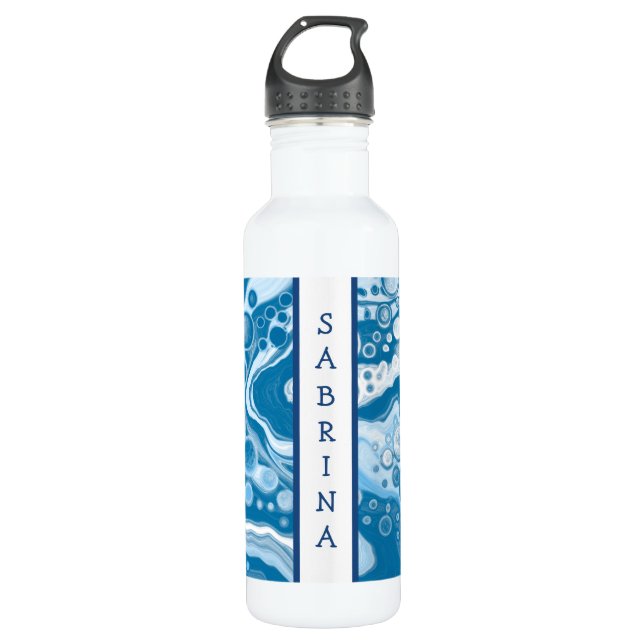 Personalized Blue Digital Fluid Art Marble   Stainless Steel Water Bottle (Front)