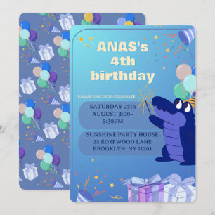 Personalized Blue Dinosaur 4th Birthday Invitation