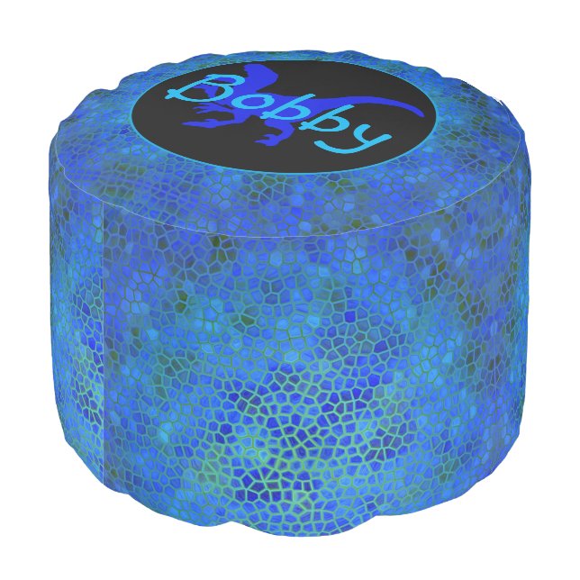 Personalized Blue Dinosaur Hide Pouf (Angled Back)