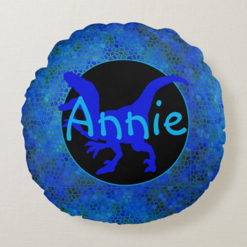 Personalized Blue Dinosaur Hide Round Pillow