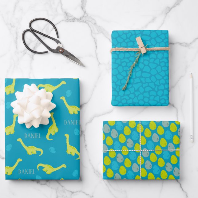 Personalized Blue Dinosaur Pattern Wrapping Paper Sheets (Front)