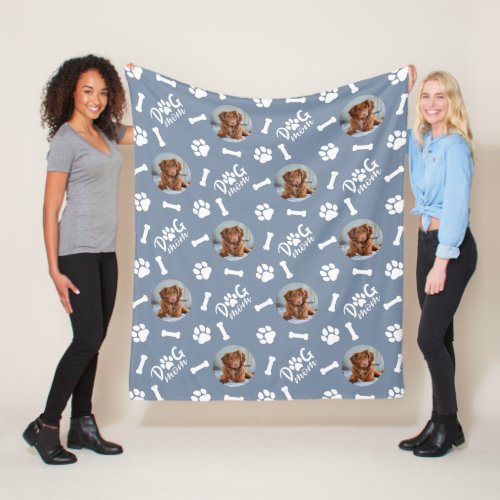 Personalized Blue Dog Mom Photo Paw Print Pattern  Fleece Blanket