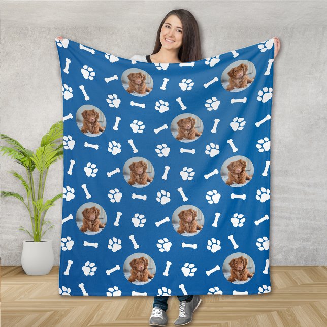 Personalized Blue Dog Photo Paw Print Pattern Fleece Blanket (Creator Uploaded)